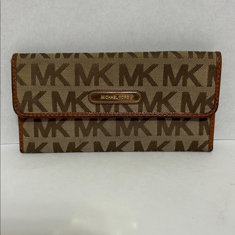 Michael Kors Tan and Brown Logo Slim Wallet